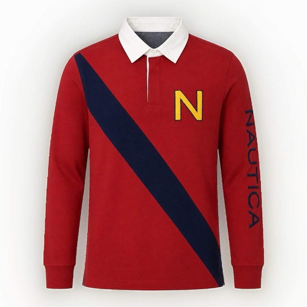 Vintage 90s Nautica Rugby Polo Shirt Men's Large Long Sleeves Banner Stripe